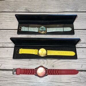 Lot Of 3 Women's Gossip Watches, Leather Bands, Blue And Yellow In Case And Red